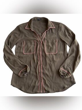 Express Brown Button Down Top With Pink Trim